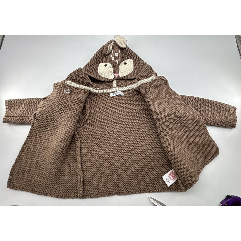 Baby Boden Brown Fox Applique Hooded Cotton Blend Knit Sweater-6-12 Months - Picture 3 of 8